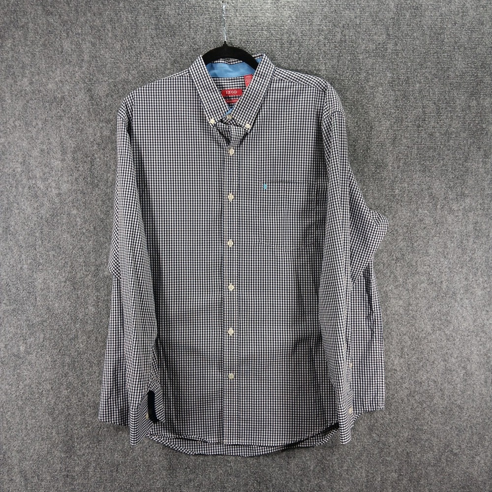 Izod Shirt Mens Large Blue White Check Stretch Logo Pleated Non Iron Button Down